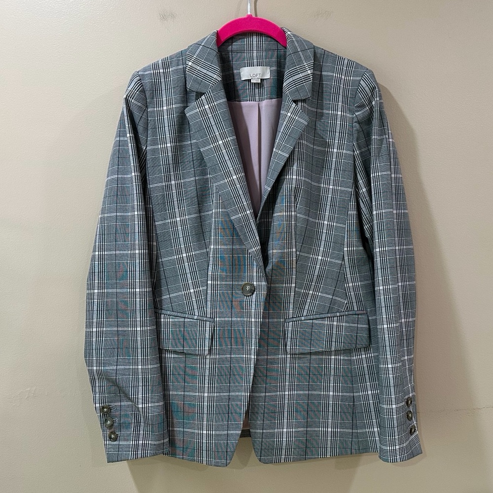LOFT Blazer Womens Size 2 Grey Glen Plaid Pink Check Single Button Suit Jacket